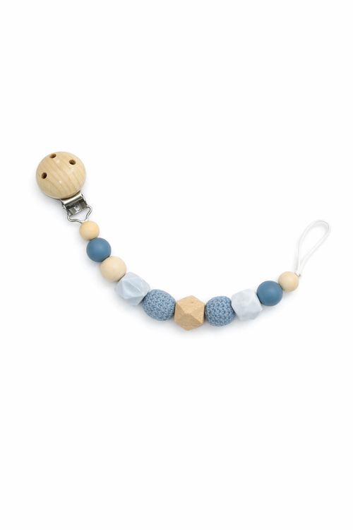 Beaded pacifier clip with wooden and blue beads on a white background