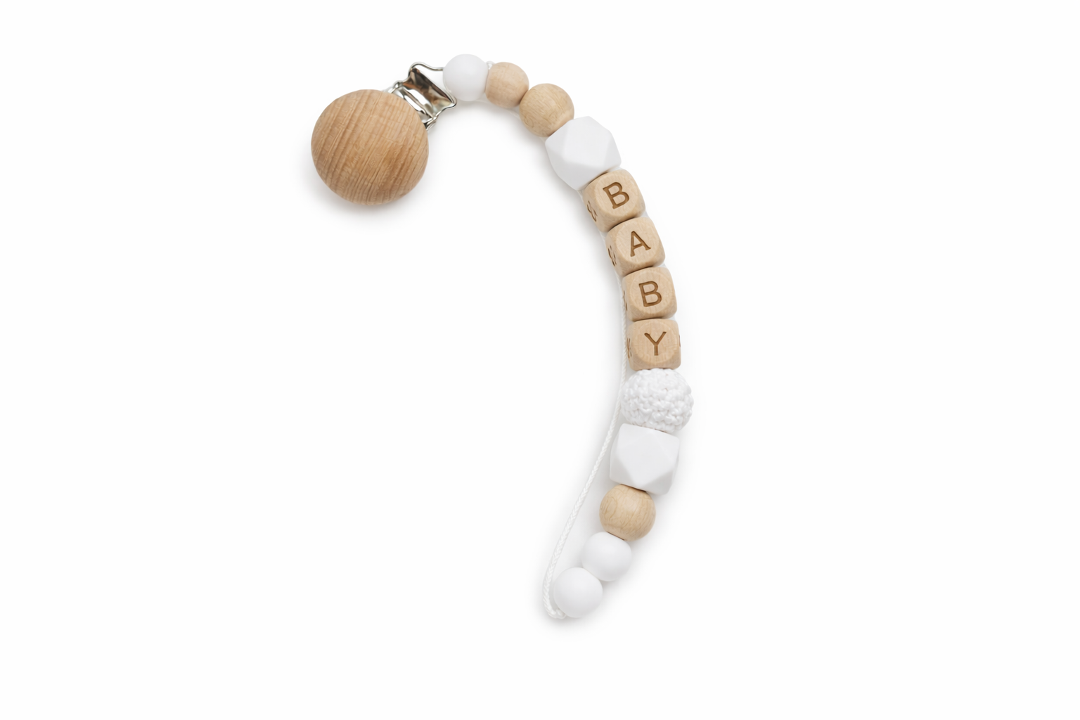 Wooden teething ring with 'BABY' blocks on a white background