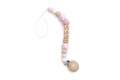 Baby pacifier clip with wooden beads spelling 'BABY' on a white background