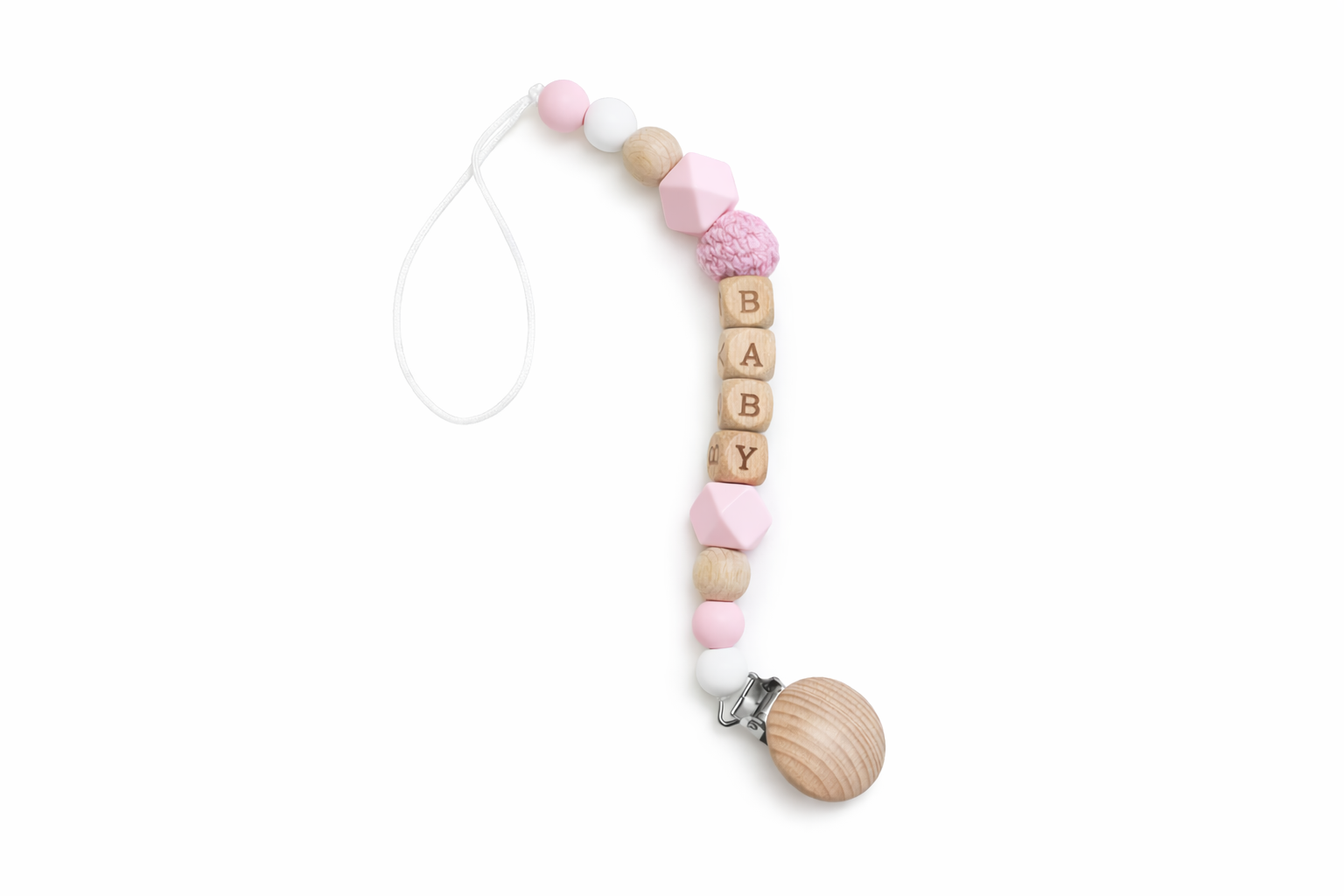 Baby pacifier clip with wooden beads spelling 'BABY' on a white background