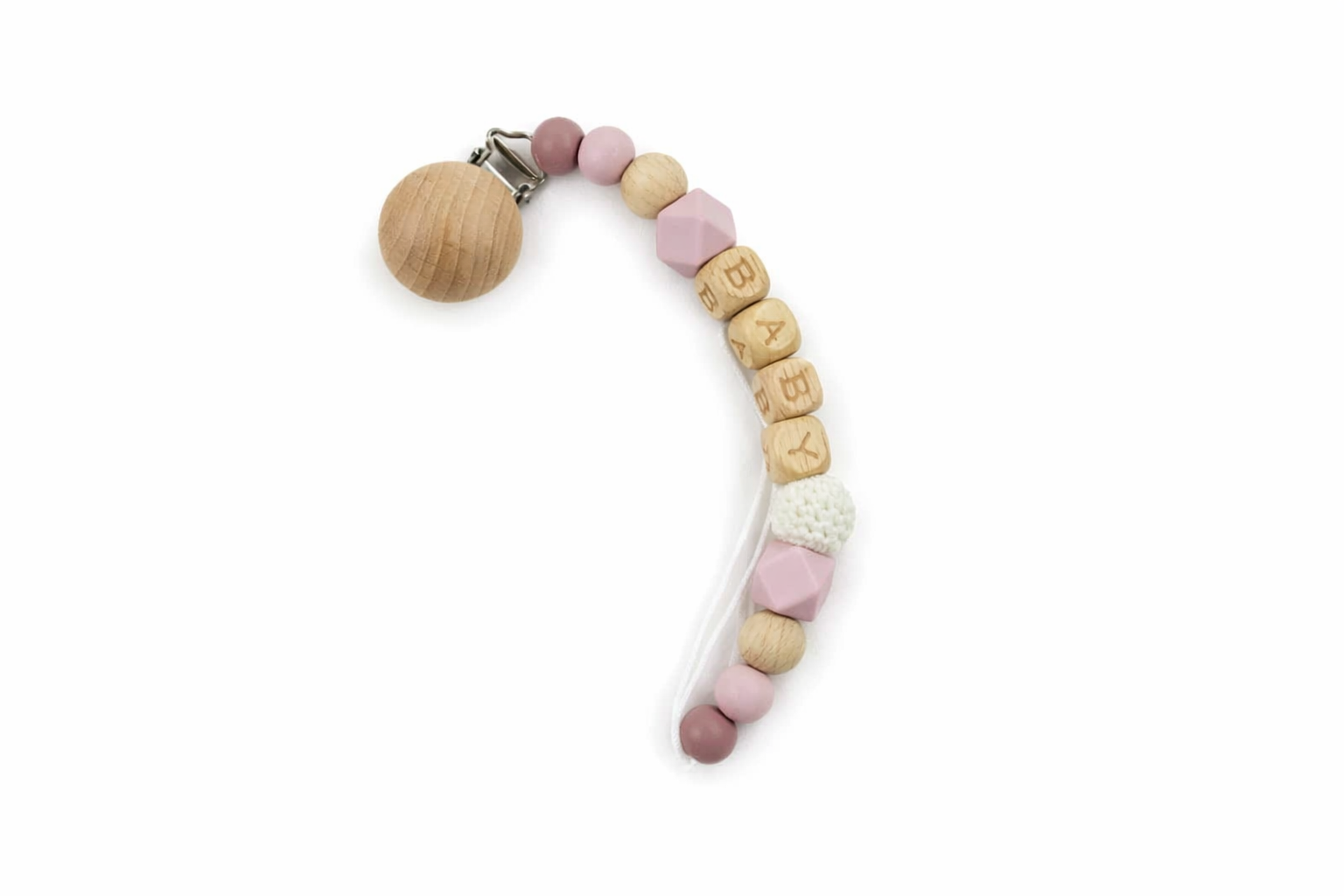 Beaded pacifier clip with wooden ball and 'BABY' letters on a white background