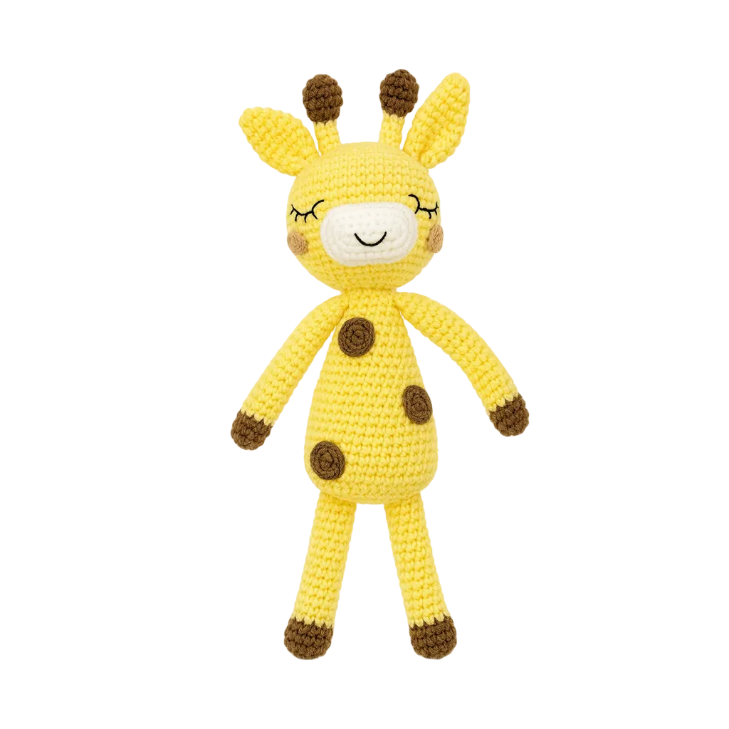 Crocheted giraffe toy with a white background
