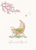 Cradle with cherry blossoms and text 'Welcome Little Miracle' on a white background