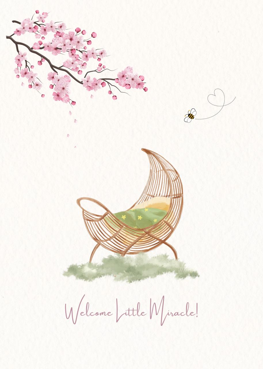 Cradle with cherry blossoms and text 'Welcome Little Miracle' on a white background