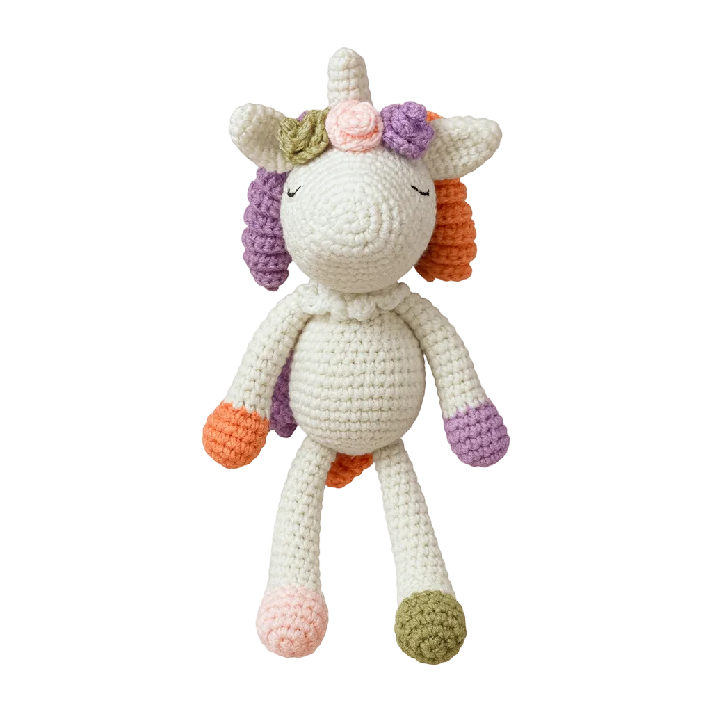 Crocheted unicorn toy with colorful mane and tail on a white background