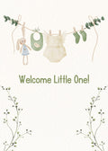 Baby shower card with baby clothes and toys on a line, featuring the text 'Welcome Little One!' against a white background.