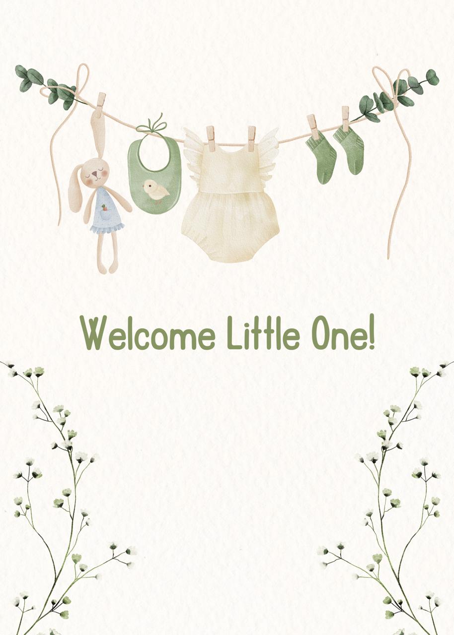 Baby shower card with baby clothes and toys on a line, featuring the text 'Welcome Little One!' against a white background.